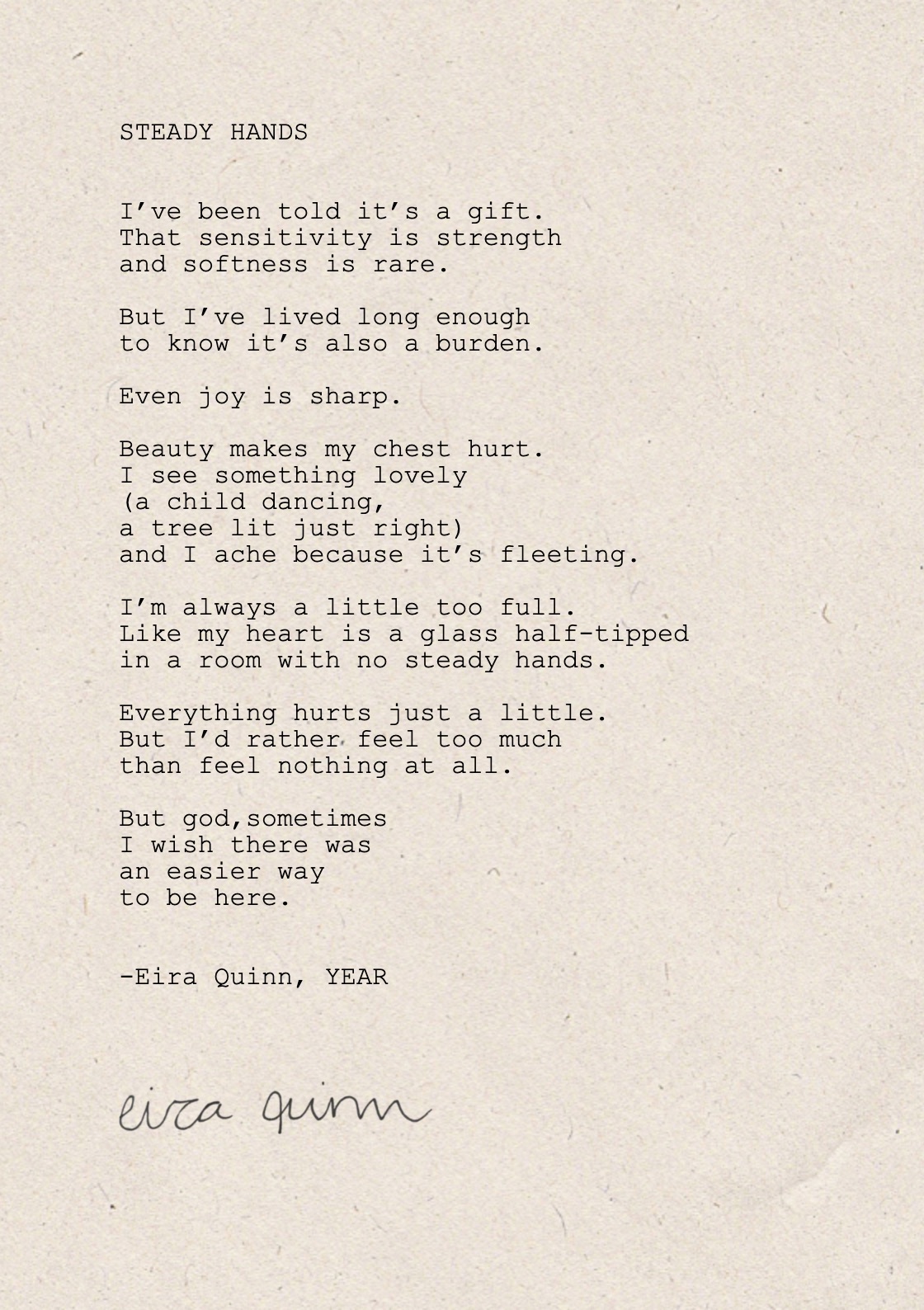 Mockup of "Steady Hands" hand-typed on A5 handmade paper